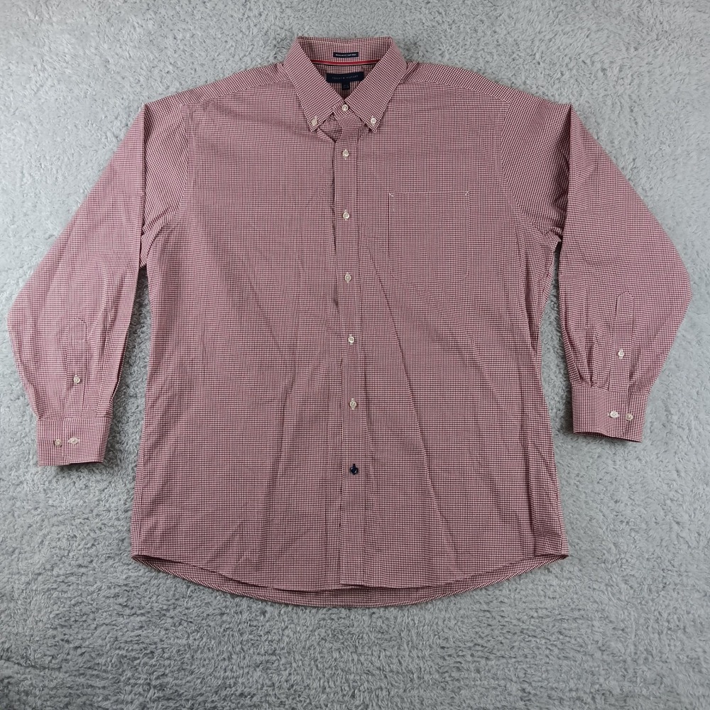 Tommy Hilfiger Button Down Mens 17.5 34/35 Red Gingham Regular Fit No Iron Shirt